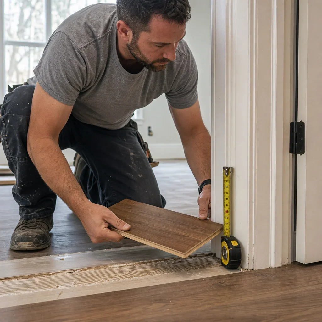 Installer checking a 3/8-inch engineered hardwood sample against doorway clearance.