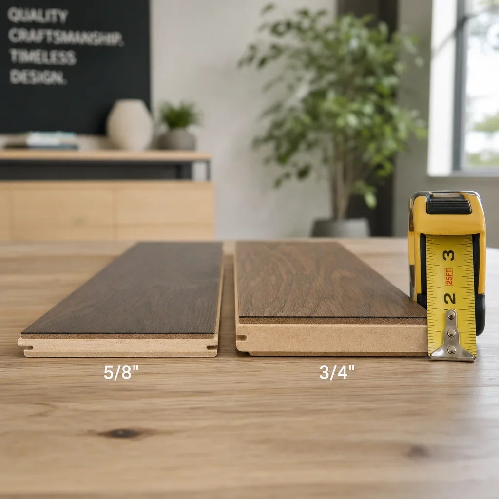 Two engineered hardwood planks shown side by side to compare 5/8 inch and 3/4 inch thickness.