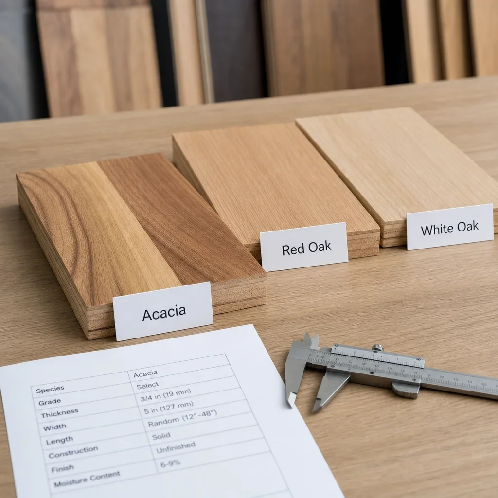 Wood flooring samples with acacia compared to red oak and white oak.
