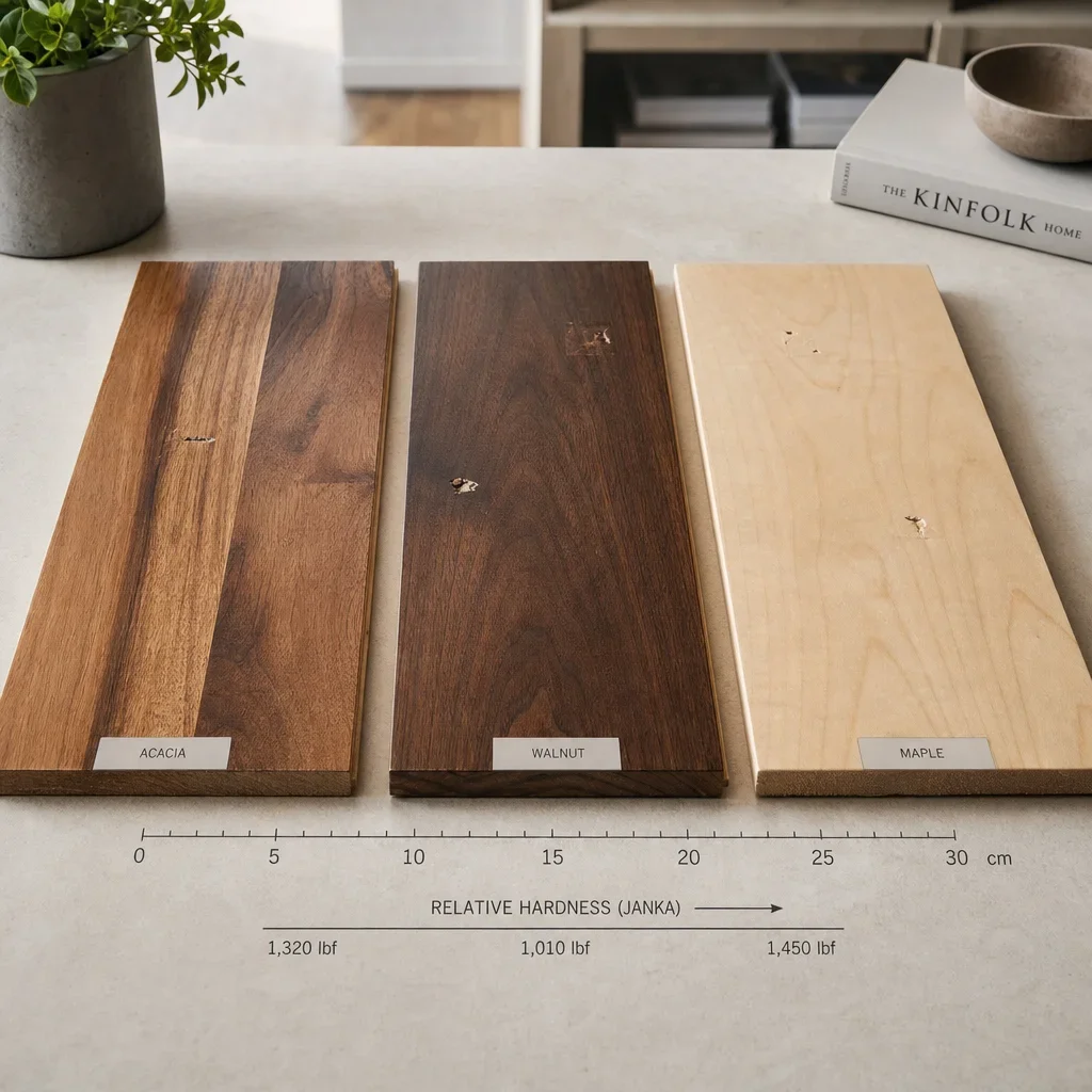 Three flooring samples of acacia, walnut, and maple arranged side by side for comparison.