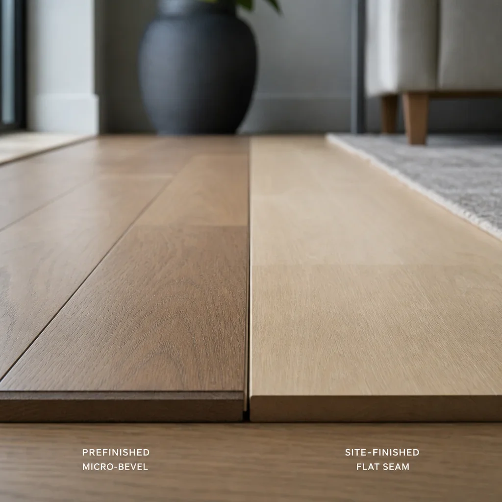 Close-up comparison of beveled prefinished edges and seamless site-finished seams.