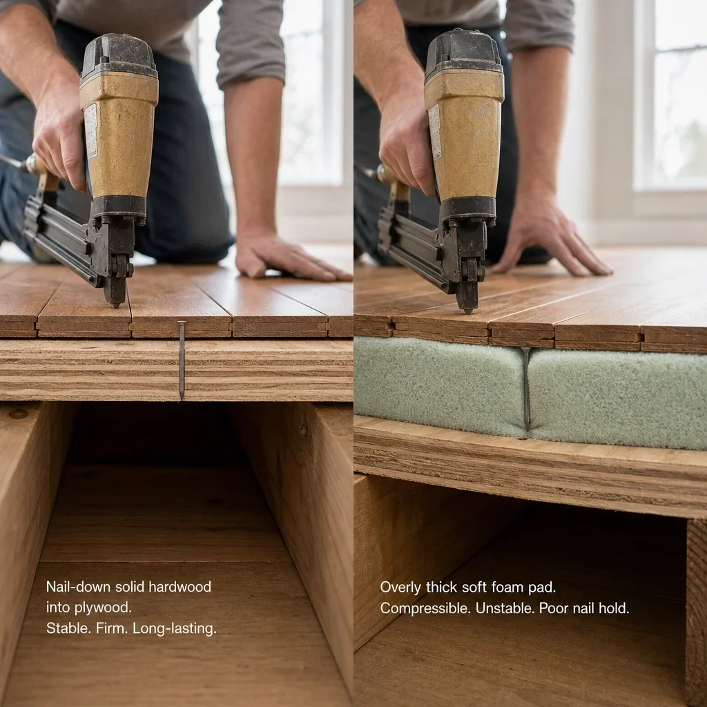 Cutaway showing why soft thick pads are a poor choice under nail-down hardwood.