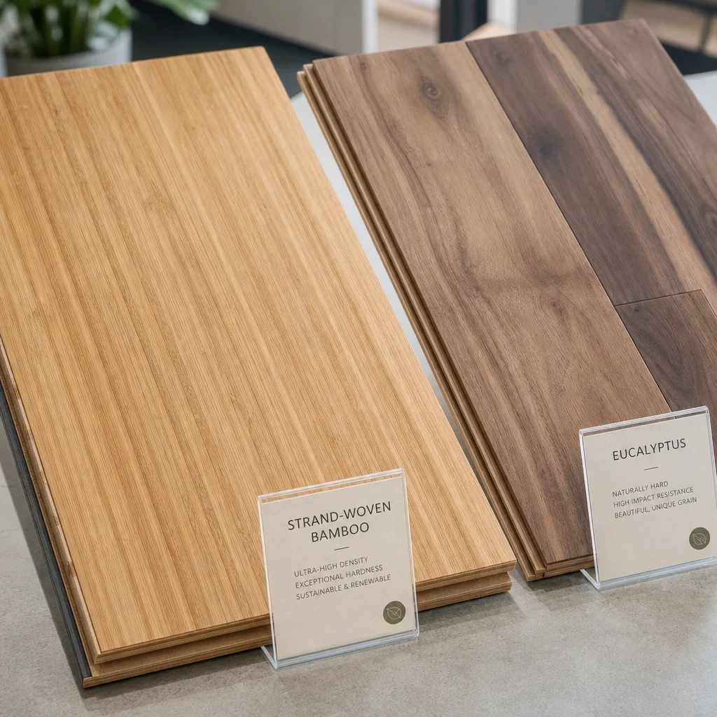 Close-up comparison of strand-woven bamboo and eucalyptus flooring samples.