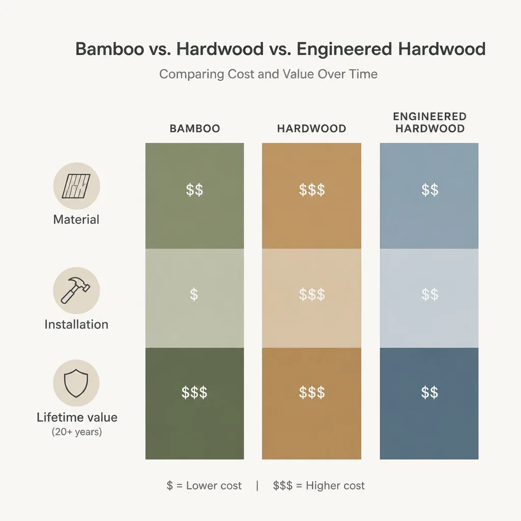 A simple chart comparing bamboo, hardwood, and engineered hardwood costs and long-term value.