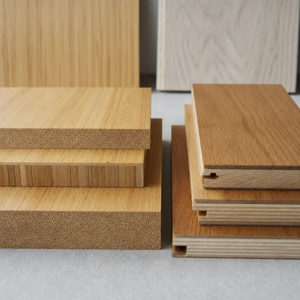 Close-up of bamboo and hardwood flooring samples showing different constructions and grain patterns.