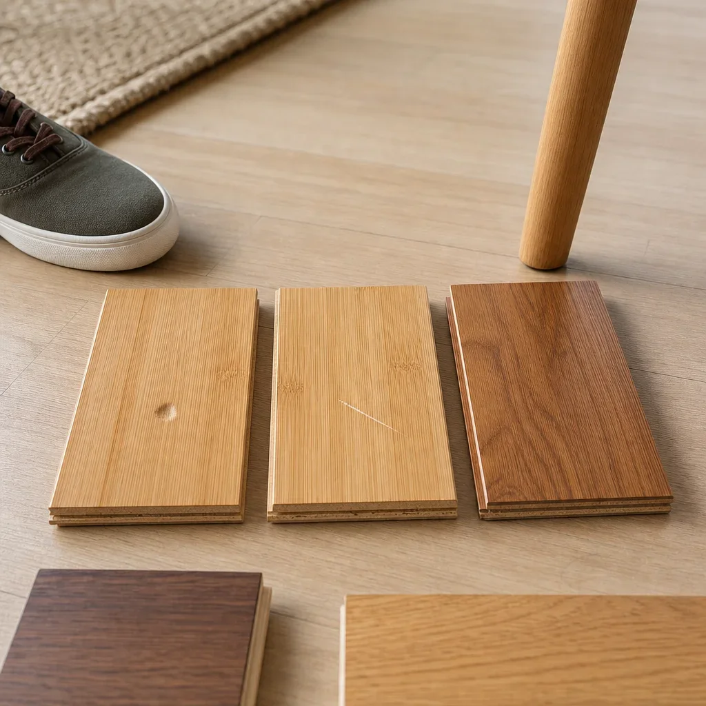Flooring samples showing subtle dent and scratch resistance differences in bamboo and hardwood.
