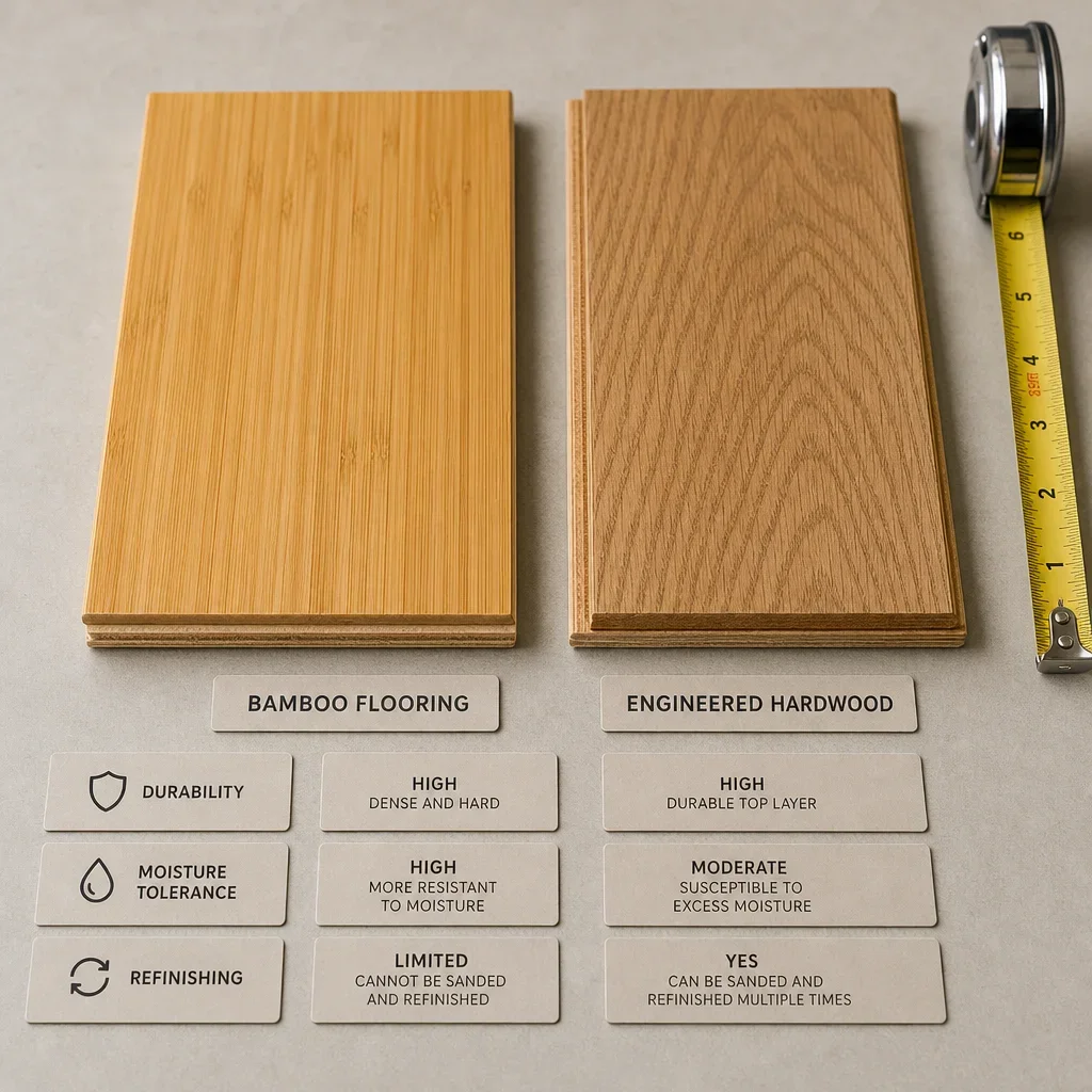 Two flooring samples side by side comparing bamboo and engineered hardwood.