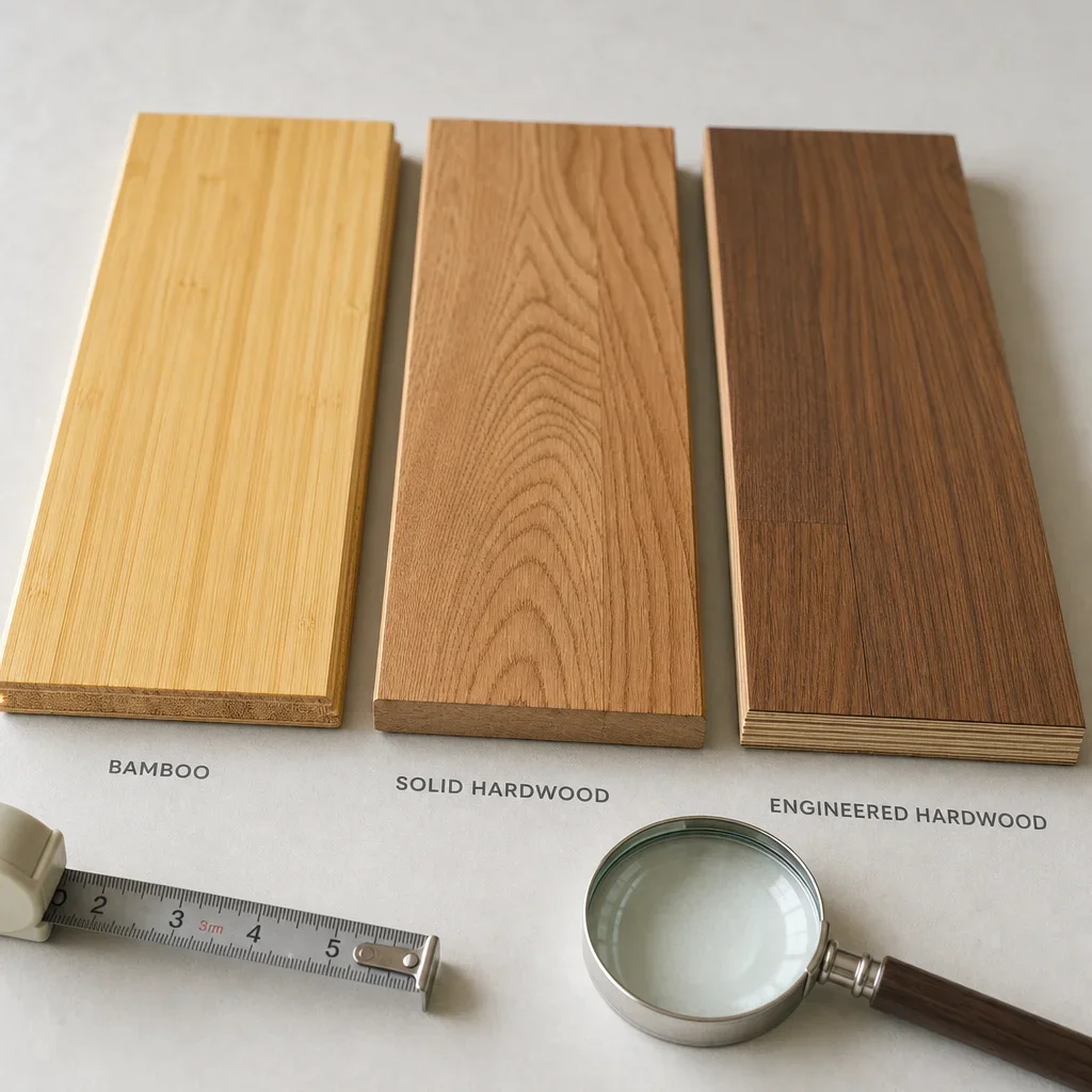 Three flooring samples showing bamboo, solid hardwood, and engineered hardwood side by side.