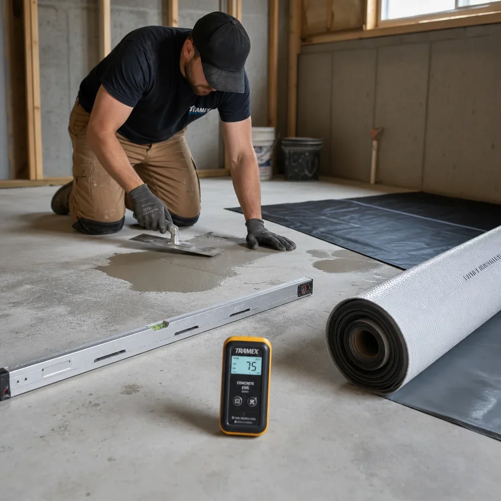A contractor preparing and testing a concrete basement slab before flooring installation.