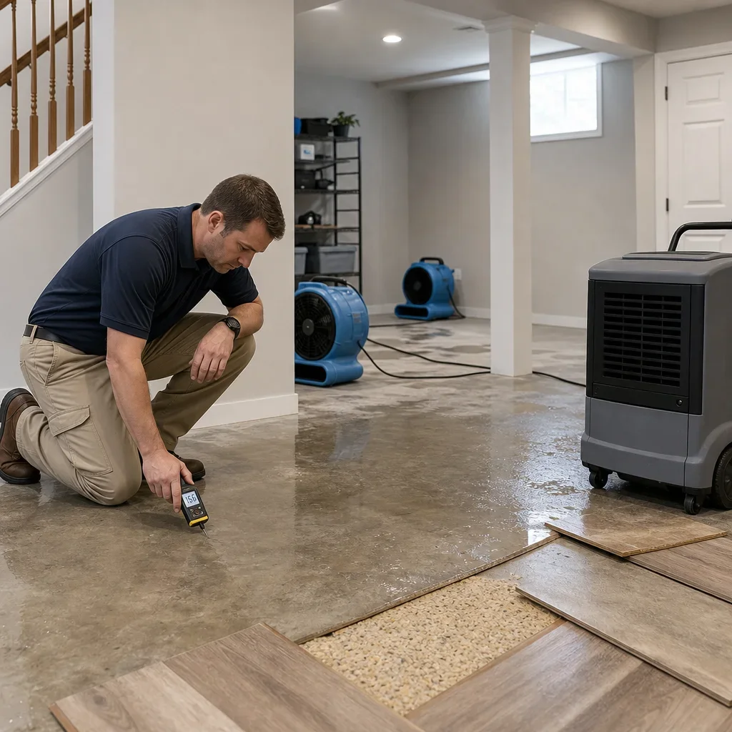 A basement cleanup scene after a leak, with flooring removed and drying equipment in place.