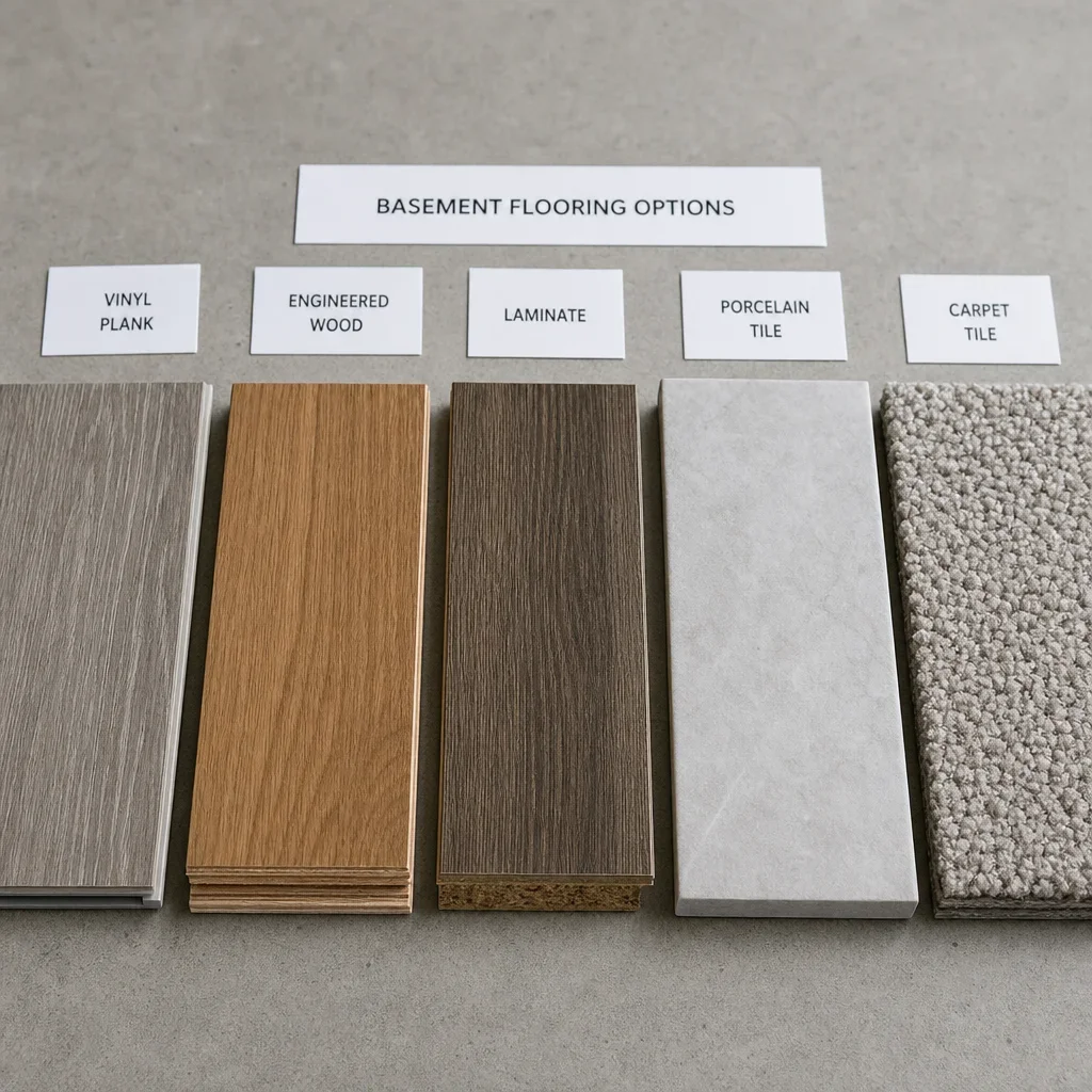 A side-by-side comparison of basement flooring sample materials.