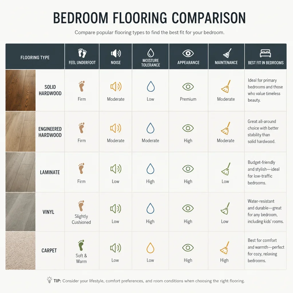 Minimal comparison chart of bedroom flooring types and their key characteristics.