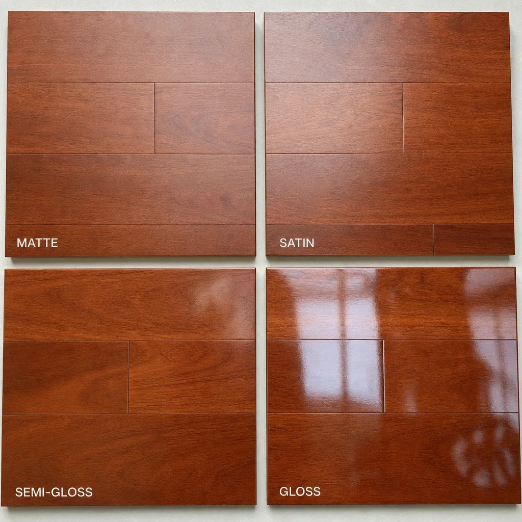 Brazilian cherry flooring samples comparing matte through gloss finishes.