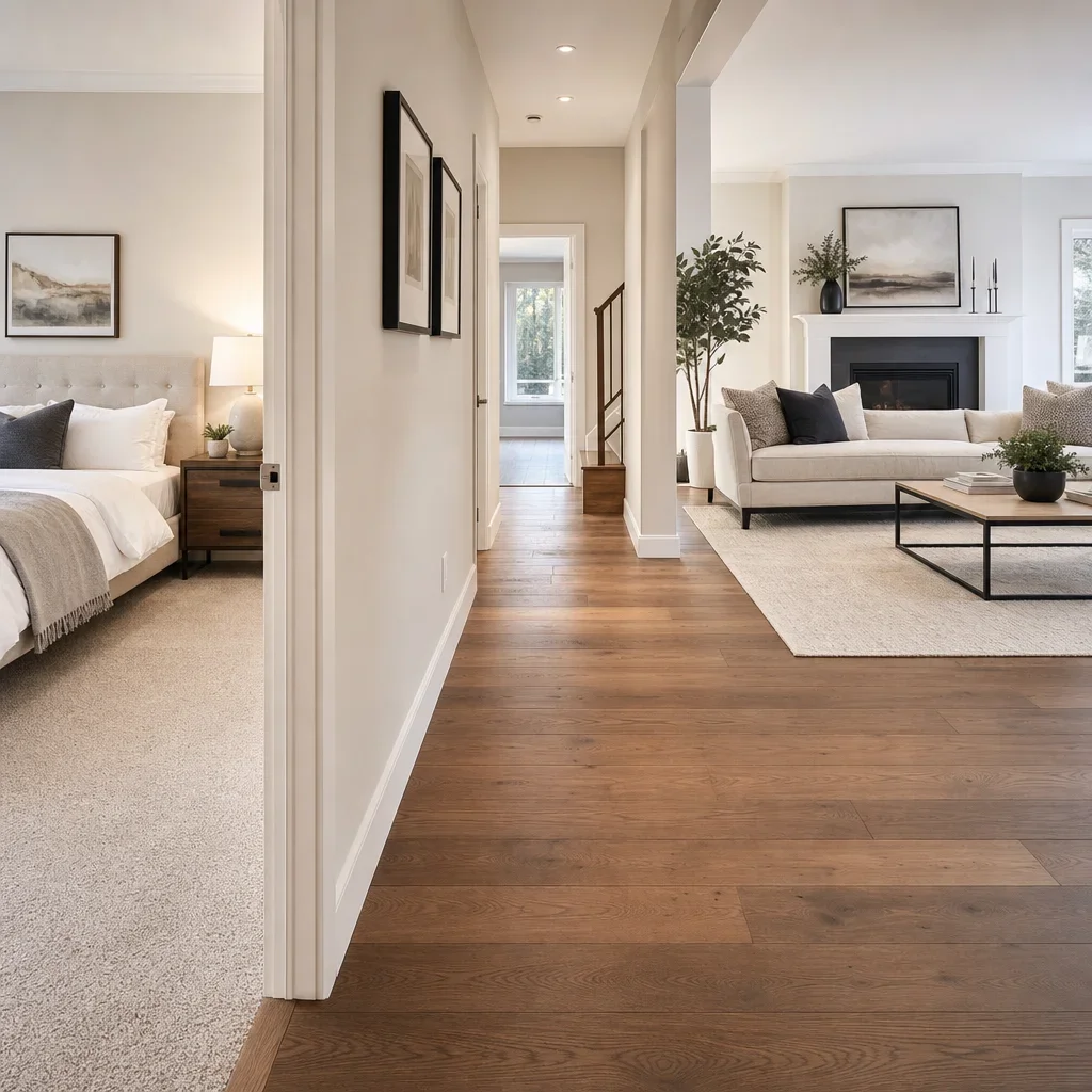 Open-plan home showing carpet in a bedroom and engineered hardwood in main areas.