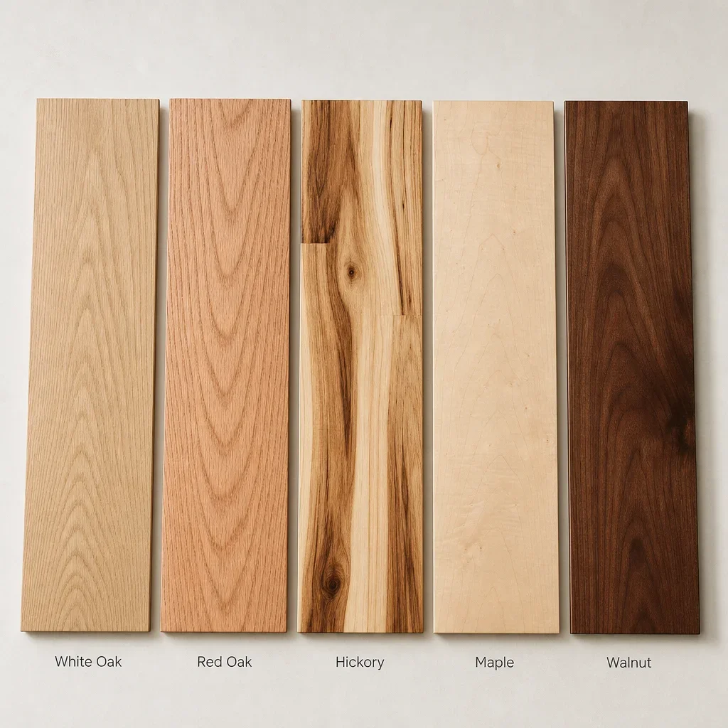 Five hardwood species samples arranged side by side with labels.