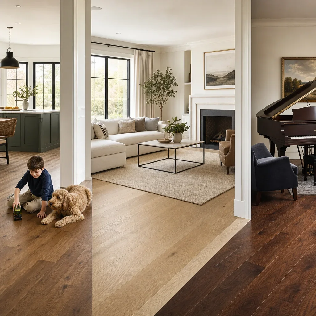 A home scene showing different hardwood species suited to different rooms and lifestyles.