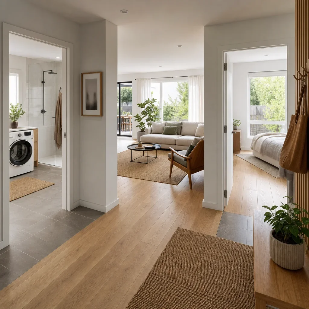 A home interior showing tile in wet areas and wood in living spaces.