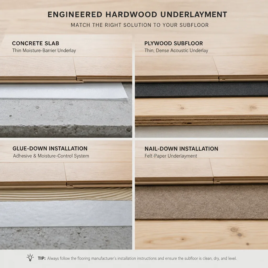 Flat lay comparison of different engineered hardwood underlayment types for concrete, plywood, glue-down, and nail-down installations.