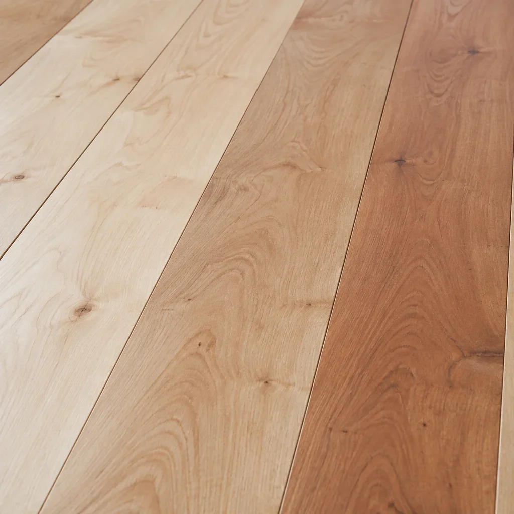 Birch flooring boards show pale sapwood and reddish-brown heartwood.