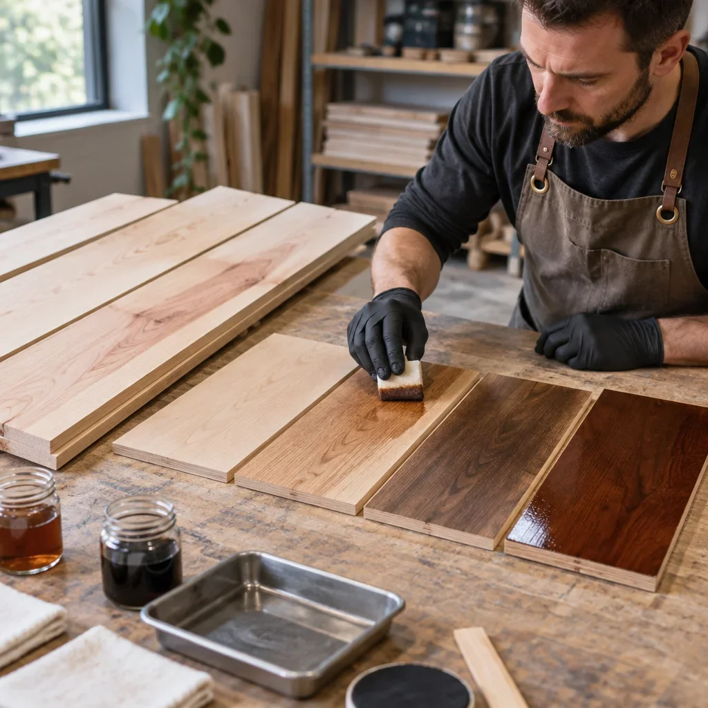 A flooring professional tests stain and finish samples on varied birch boards.