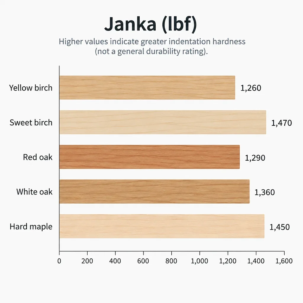 Chart compares Janka hardness values for birch, oak, and maple species.