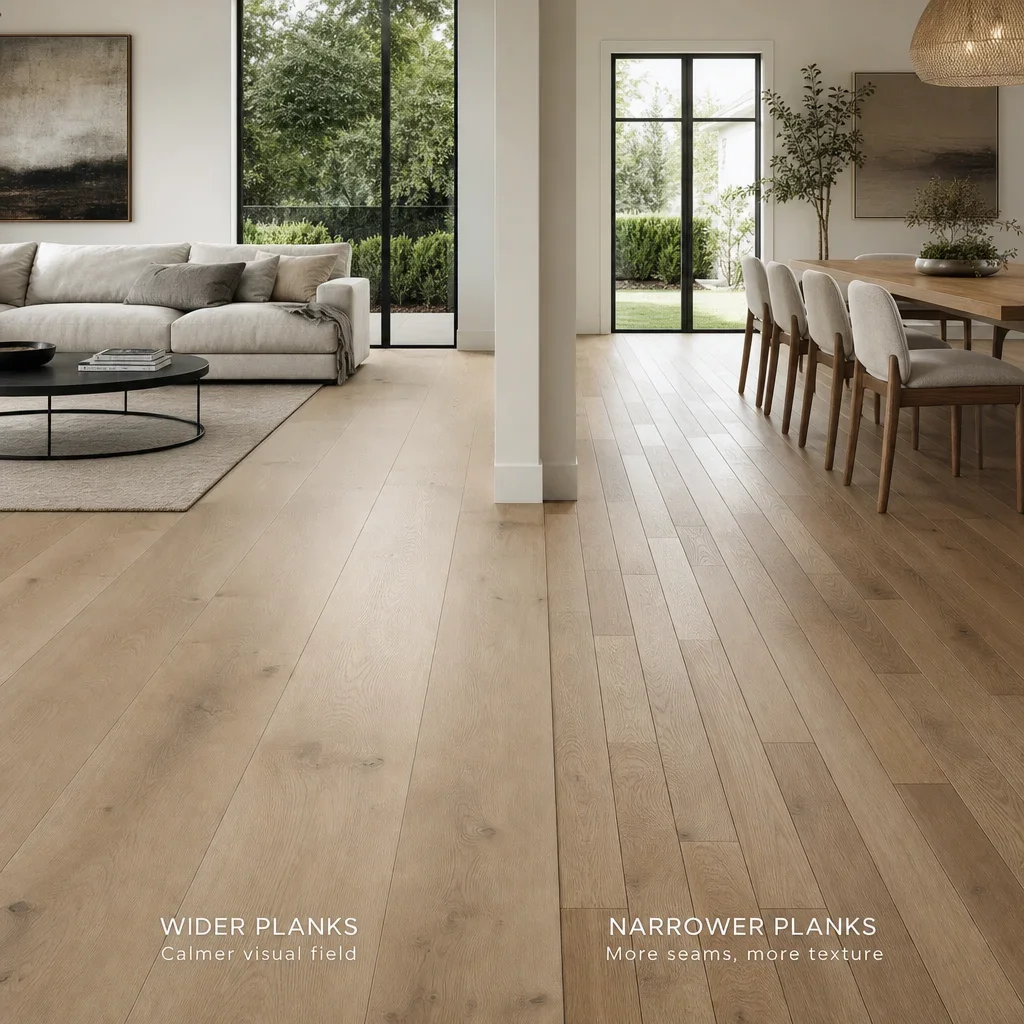 A room sample showing how wider and narrower hardwood planks change the floor's visual rhythm.