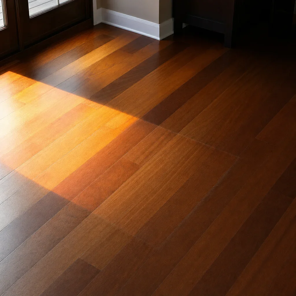 Brazilian cherry floor showing sunlight exposure and darker protected areas.