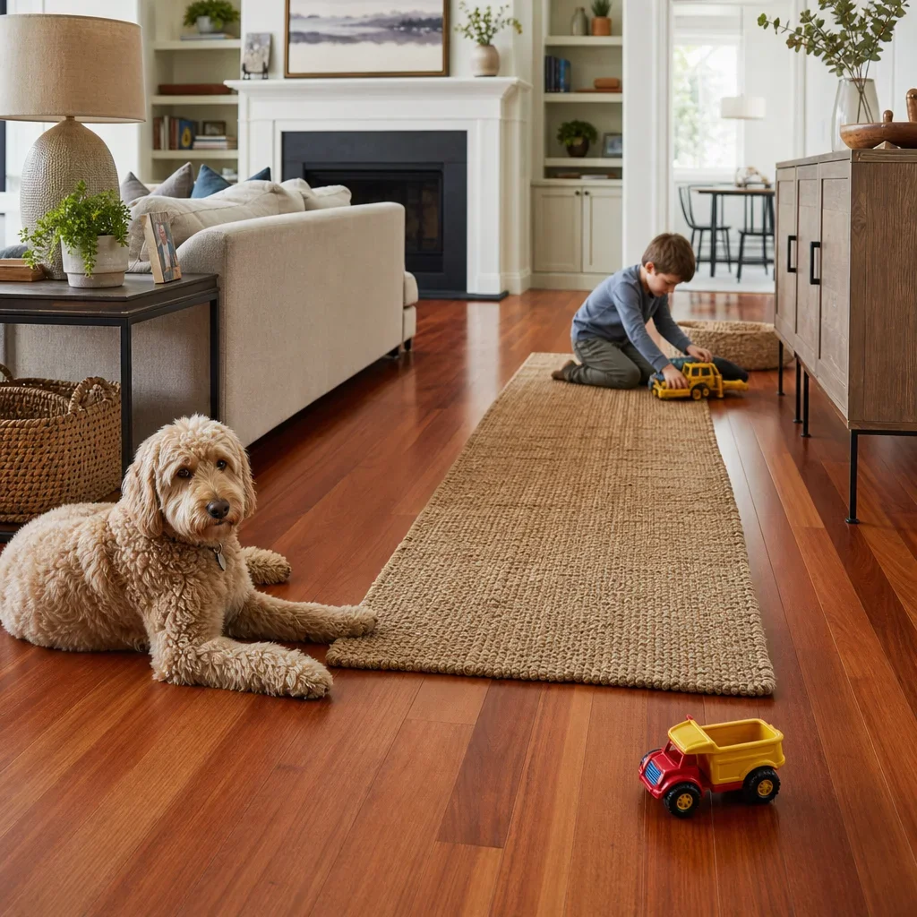 Family room with Brazilian cherry flooring, a pet, and everyday household activity.