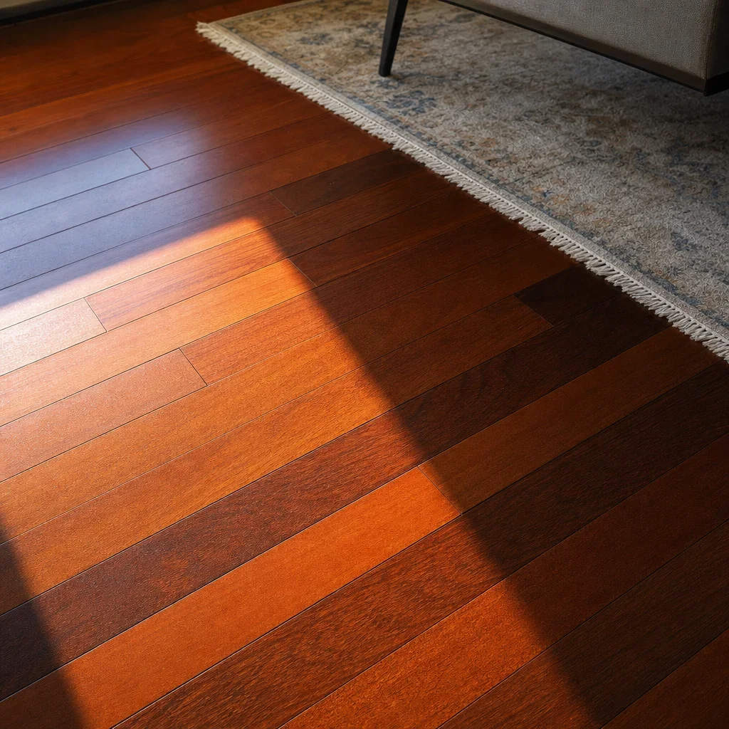 Brazilian cherry hardwood flooring with rich red-brown color and sunlight contrast.