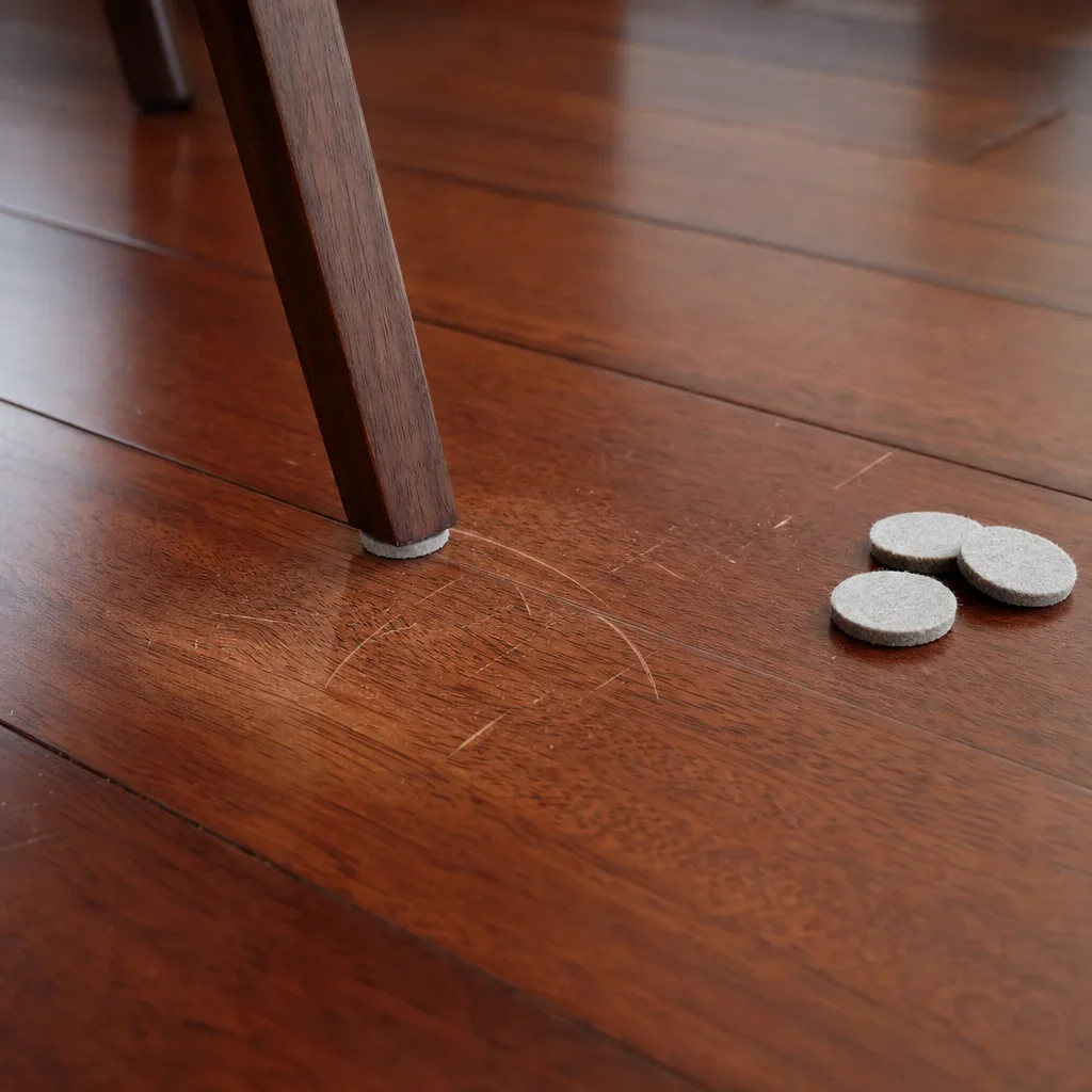 Close-up of Brazilian cherry flooring with light scratches and chair-leg wear.
