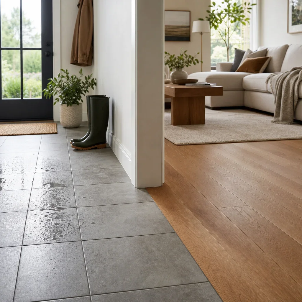 Side-by-side comparison of ceramic tile and engineered hardwood flooring in different room contexts.