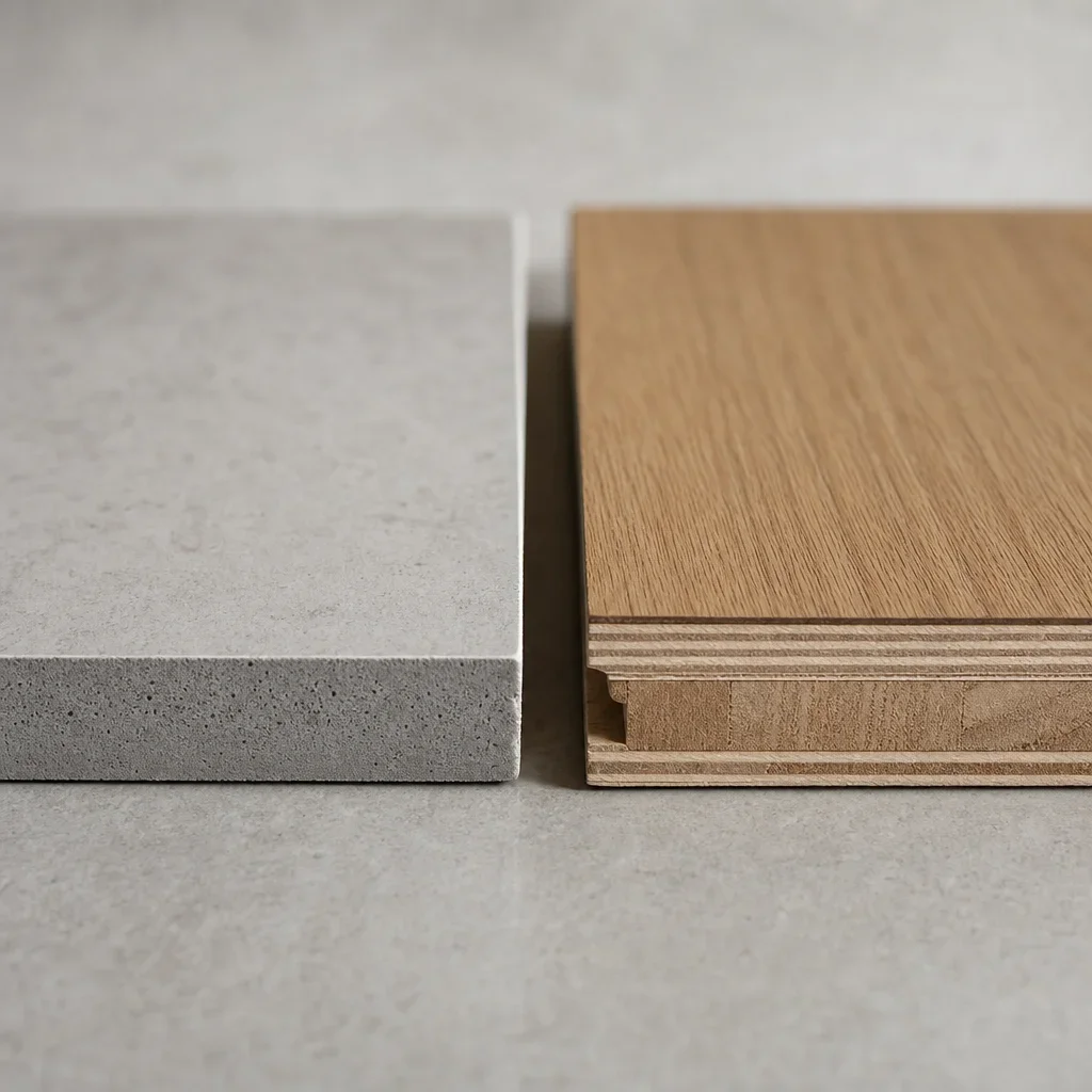 Close-up of ceramic tile and engineered hardwood cross-sections showing their different constructions.