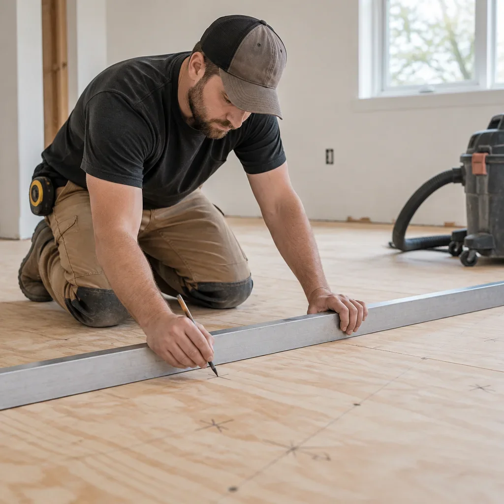 An installer checks a plywood subfloor for flatness with a long straightedge.