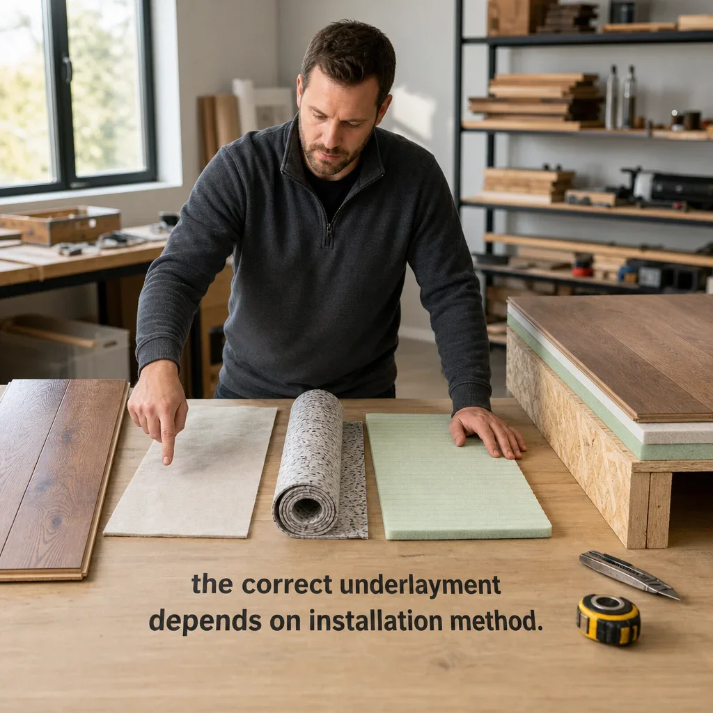 Installer comparing different underlayment types for wood flooring installation methods.
