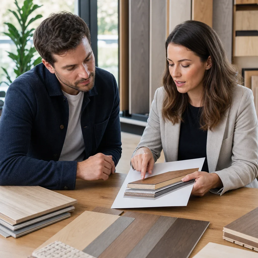 Homeowner and consultant reviewing engineered hardwood samples and specs.