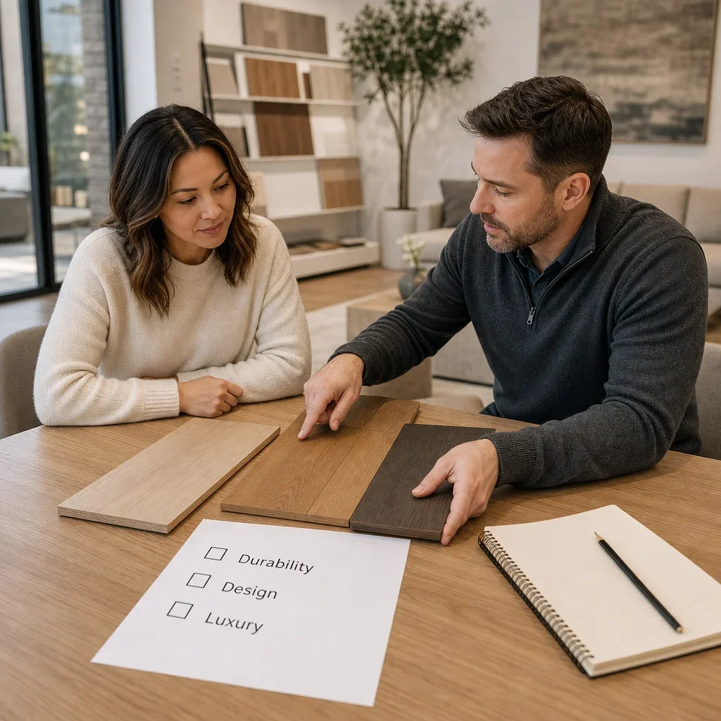 A consultant and homeowner comparing hardwood samples by priority.