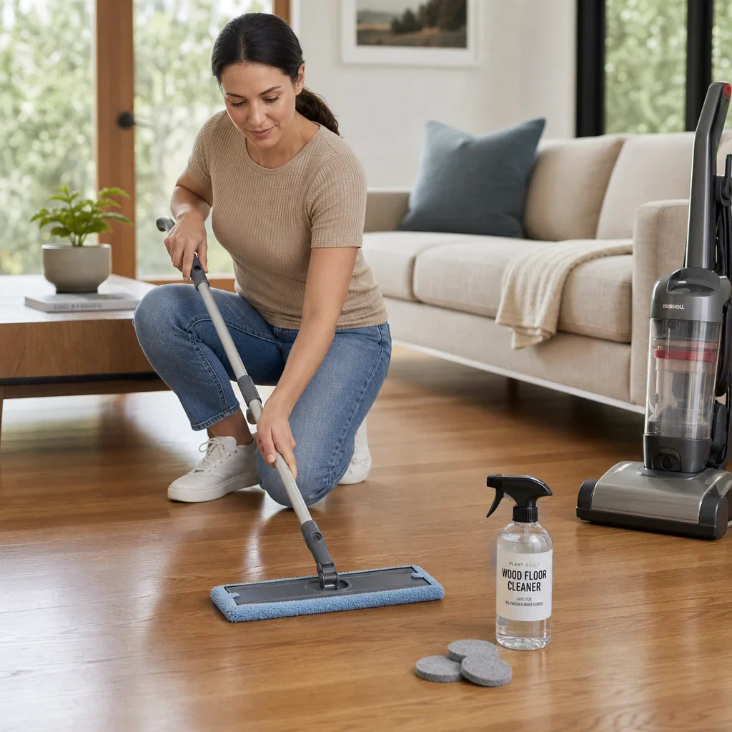 A homeowner cleaning engineered hardwood floors with a damp microfiber mop.