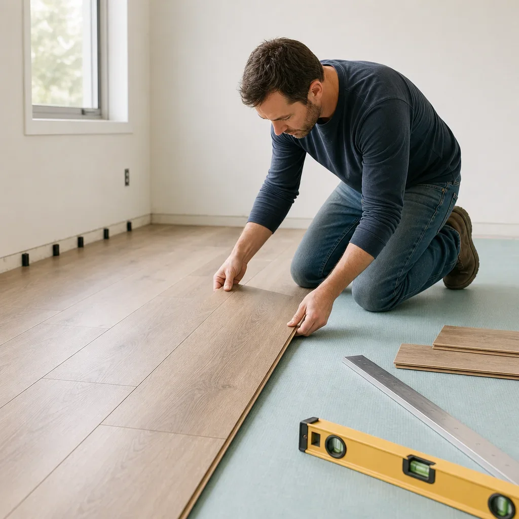 A person installing click-lock flooring over underlayment on a prepared subfloor.