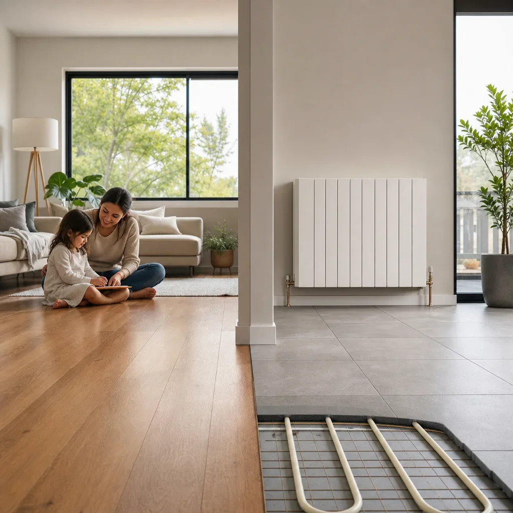 A living room scene showing the comfort contrast between hardwood and tile.