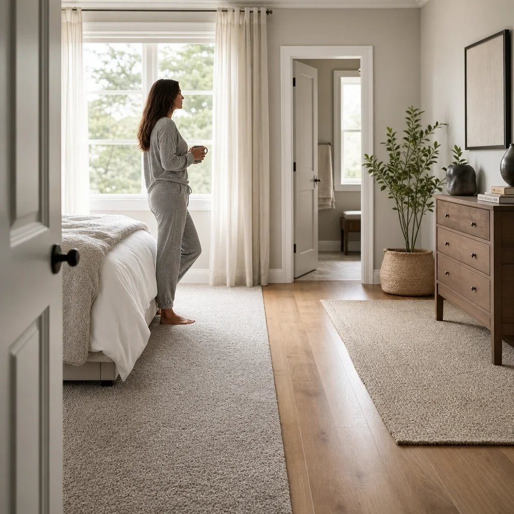 Bedroom scene contrasting soft carpet comfort with engineered hardwood and a rug.