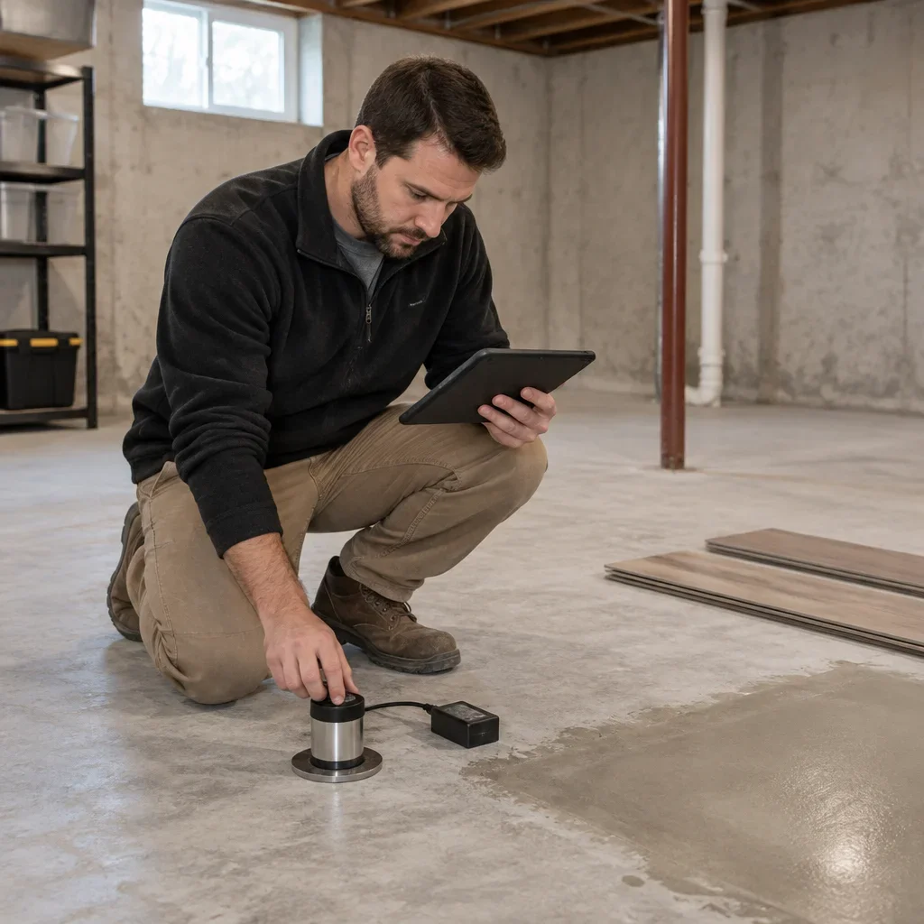 A flooring professional checks a concrete basement slab with a moisture-testing instrument.