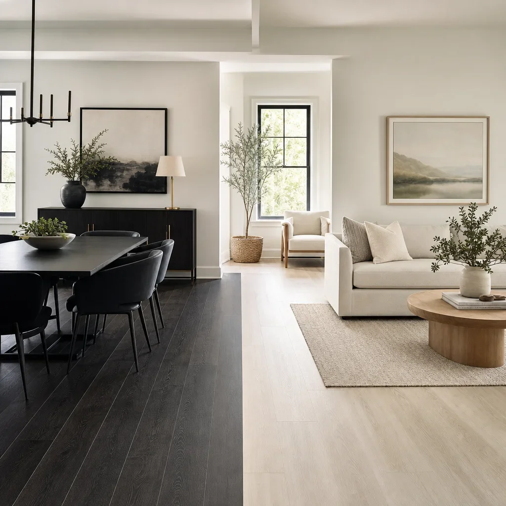A room vignette showing how dark and light laminate create different moods.