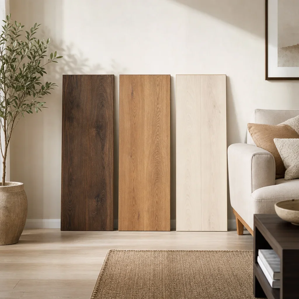 Three laminate flooring samples in dark, mid-tone, and light shades in a bright living room.