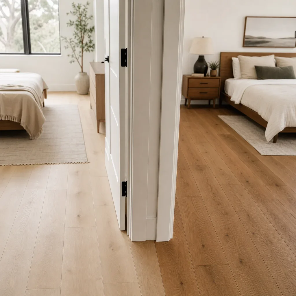 Two bedrooms with different but coordinated wood floors separated by a doorway.