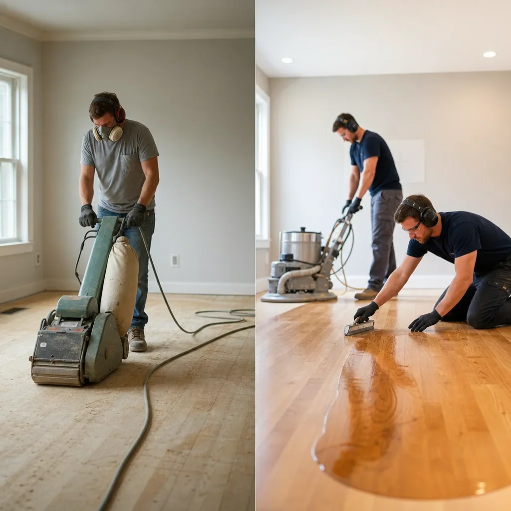 A visual comparison of DIY refinishing versus hiring a professional crew.