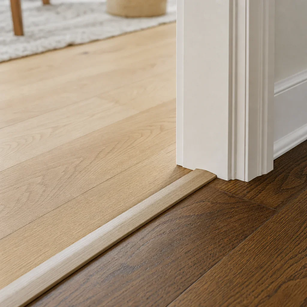 Close-up of a neat doorway transition between two different wood floors.