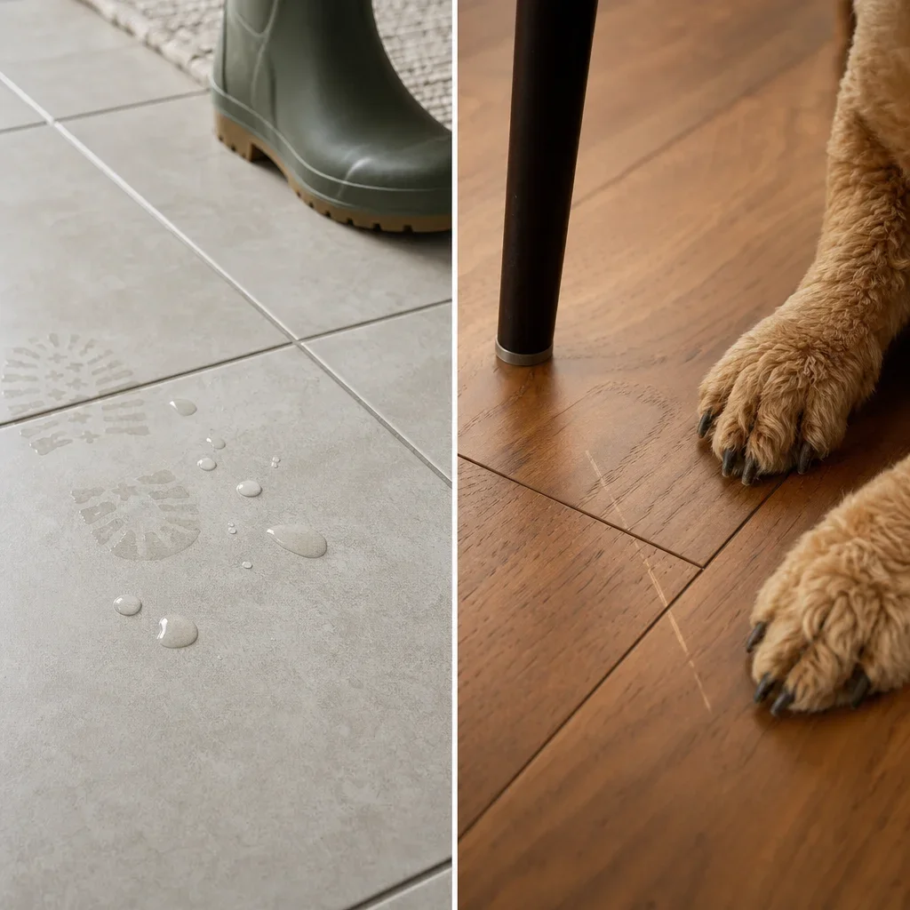 Comparison of everyday wear on ceramic tile and engineered hardwood flooring.