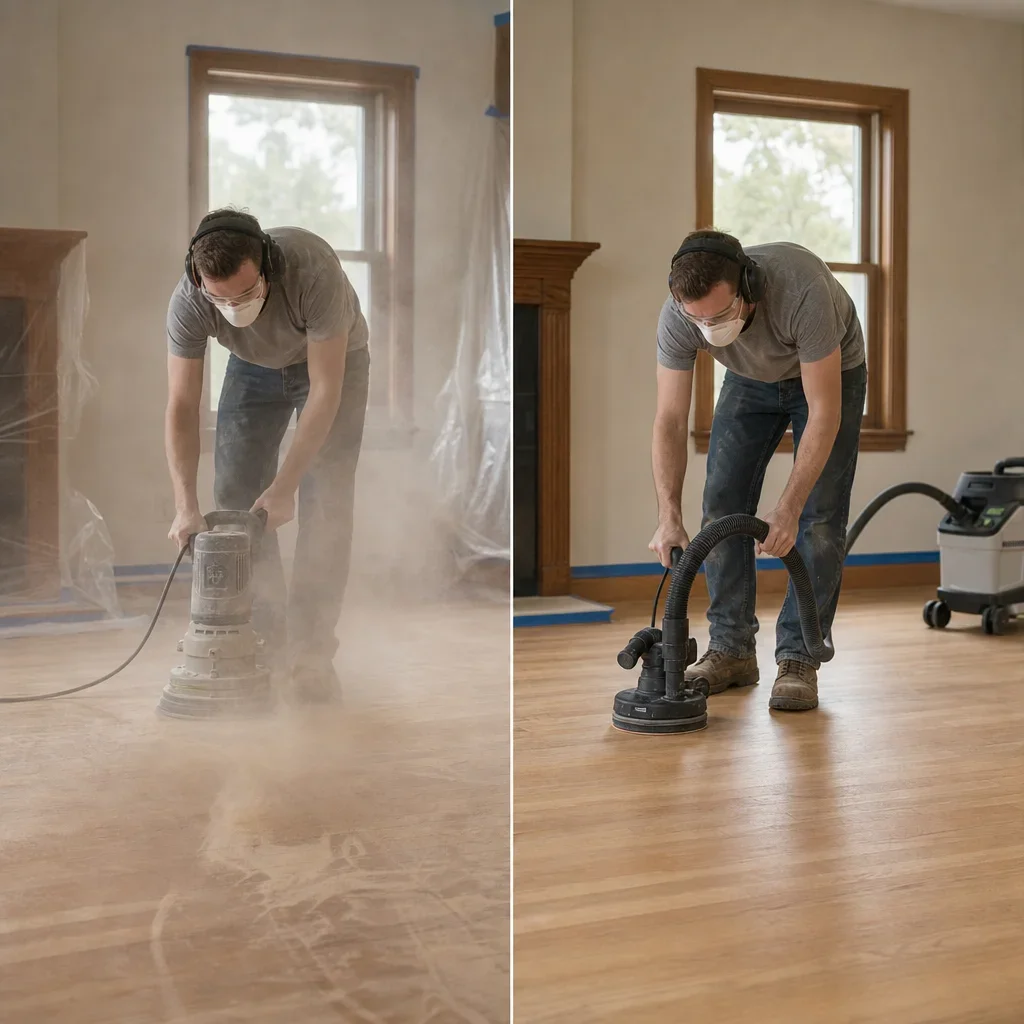 A side-by-side comparison of traditional sanding and dust-contained refinishing.