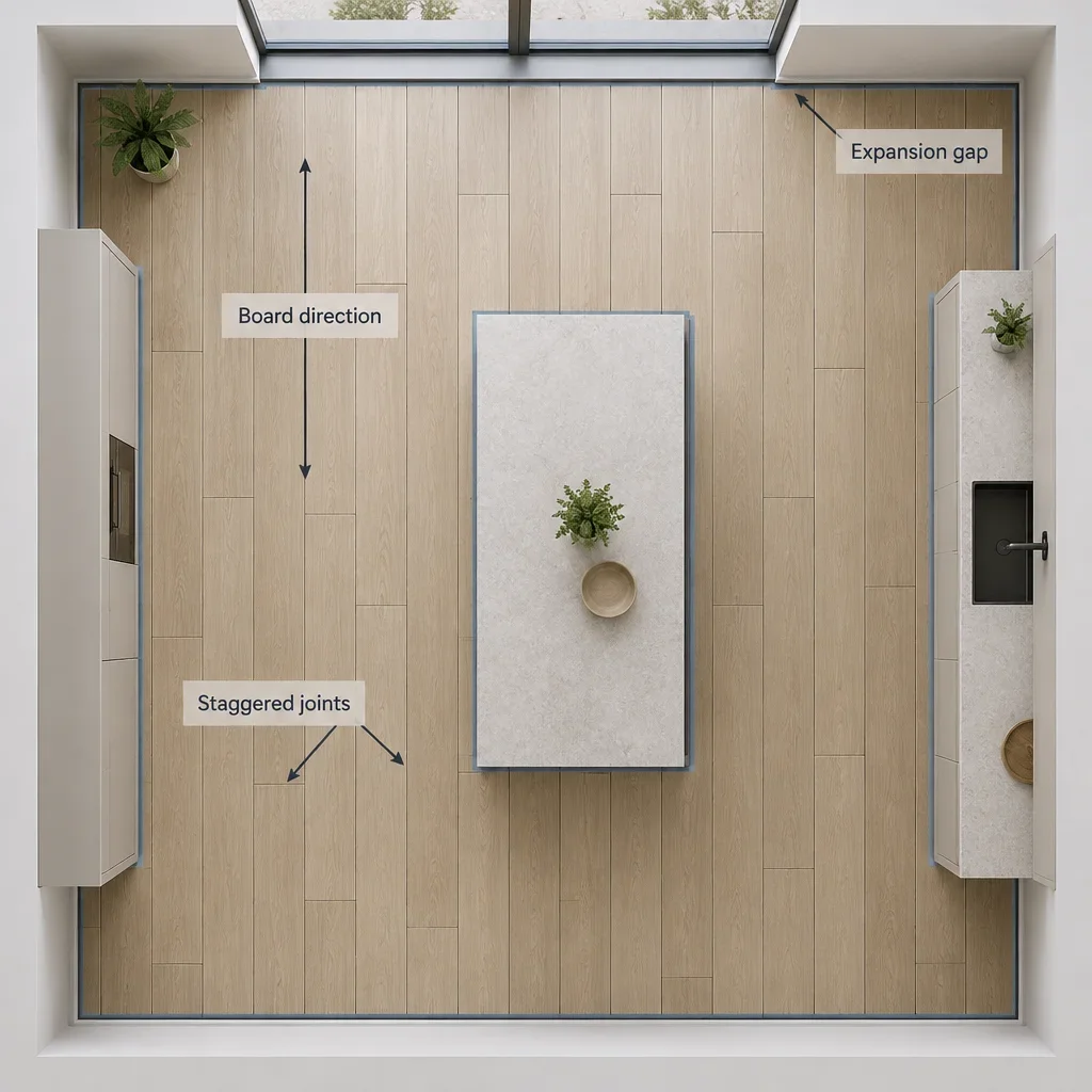 Plan-view diagram showing plank direction, staggered joints, and expansion clearance around a room.