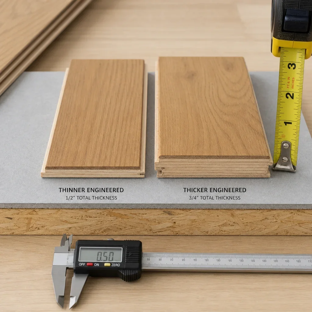 Side-by-side engineered hardwood planks showing different thicknesses and a measuring tool.